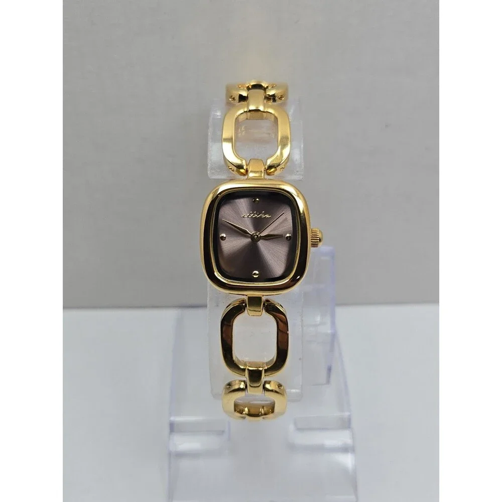 Ettika Square Link Womens 24K Gold Plated Quartz Bracelet Watch New Battery